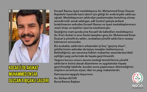 KOCAELİ'DE AVUKAT MUHAMMED ENSAR DUZCAN'A BIÇAKLI SALDIRI