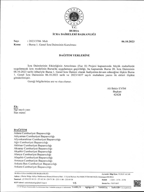 Bursa İcra Daireleri Başkanlığı'nın duyurusu