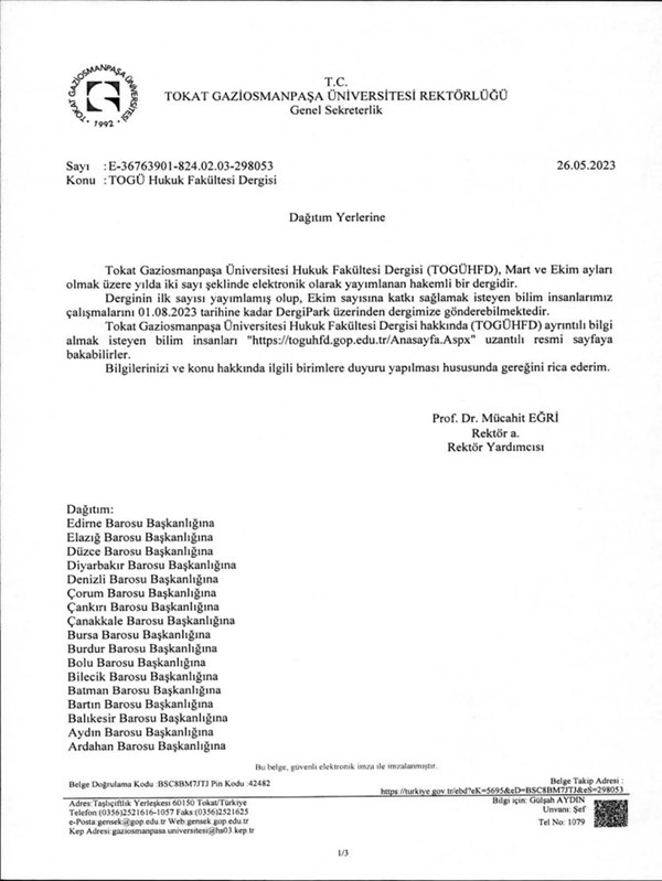 Tokat Gaziosmanpaşa Üniversitesi Hukuk Fakültesi Dergisi