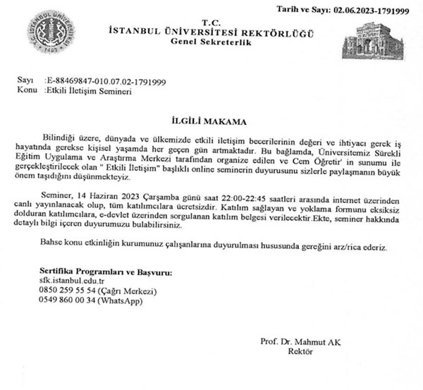İstanbul Teknik Üniversitesi "Etkili İletişim Semineri" hakkında.