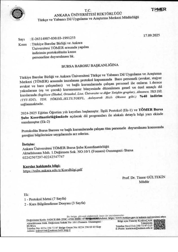 TBB ile Ankara Üniversitesi TÖMER arasında yapılan indirim protokolü.