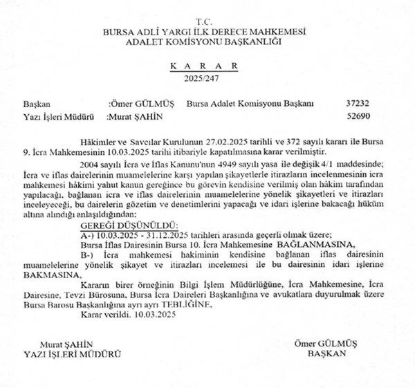Adalet Komisyonu Başkanlığı'nın Bursa İflas Dairesinin Bursa 10. İcra Mahkemesine bağlanmasına ilişkin kararı