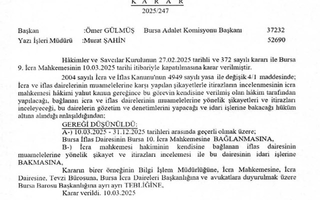 Adalet Komisyonu Başkanlığı'nın Bursa İflas Dairesinin Bursa 10. İcra Mahkemesine bağlanmasına ilişkin kararı