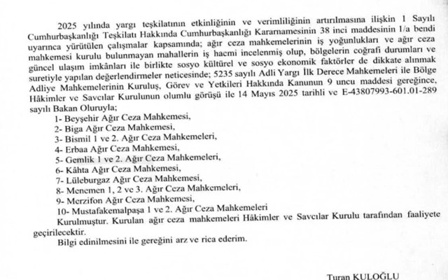 Adalet Bakanlığı Personel Genel Müdürlüğünün Ağır Ceza Mahkemeleri Kurulması ile ilgili duyurusu.