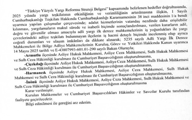 Adalet Bakanlığı Personel Genel Müdürlüğünün Armutlu, Çiçekdağı, Harmancık ve İnönü ilçelerine Adliye kurulması ile ilgili duyurusu.