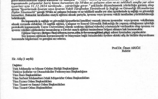Toros Üniversitesi İşveren ve İşveren Vekillerine Yönelik İş Sağlığı ve Güvenliği Eğitimi