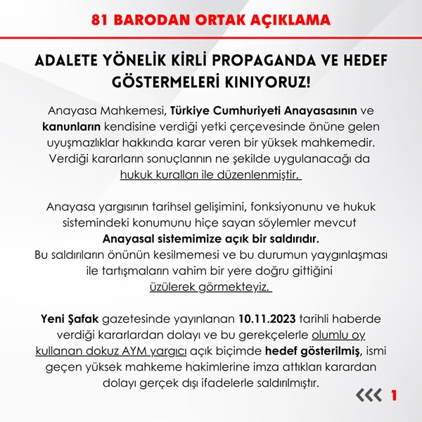 81 BARODAN ORTAK AÇIKLAMA: ADALETE YÖNELİK KİRLİ PROPAGANDA VE HEDEF GÖSTERMELERİ KINIYORUZ!