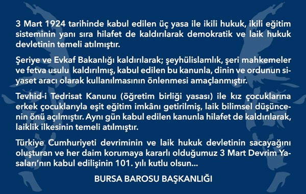 3 Mart Devrim Yasaları'nın kabul edilişinin 101. yılı kutlu olsun