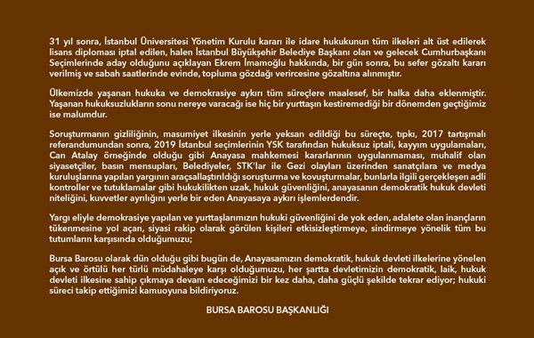Bursa Barosu'ndan Ekrem İmamoğlu açıklaması