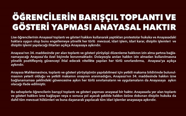 ÖĞRENCİLERİN BARIŞÇIL TOPLANTI VEGÖSTERİ YAPMASI ANAYASAL HAKTIR