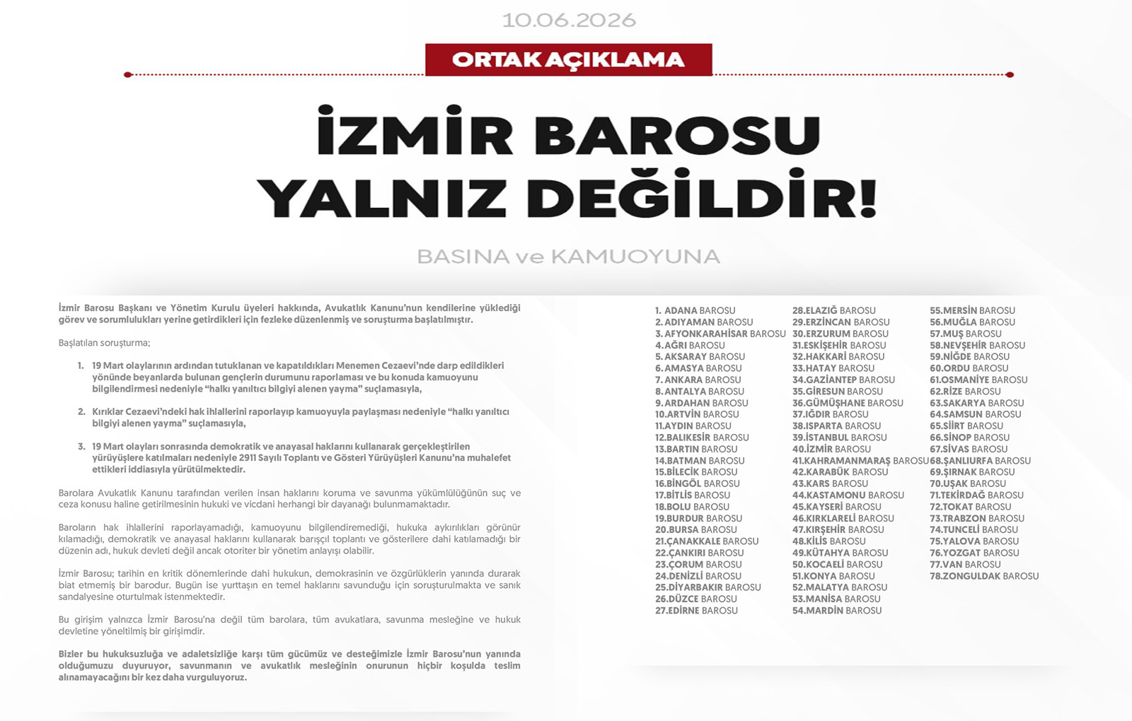 İZMİR BAROSU YALNIZ DEĞİLDİR!