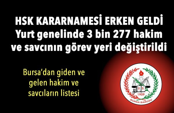 HSK kararnamesiyle Bursa'dan giden-gelen hakim ve savcıların listesi